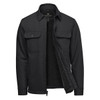 A black men's jacket with a sherpa lining, featuring buttoned chest pockets and a zip front. It has a logo on the inside.