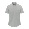 A light grey men's short sleeve knit shirt featuring a button-up collar and a front pocket. It has a logo on it.