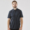 Men's button-up shirt in dark navy blue, featuring a short sleeve design and a chest pocket. Includes a logo.