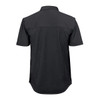 A black short sleeve knit shirt with a collared design and a logo on the back.