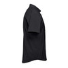 A black short sleeve knit shirt with a collar, featuring a subtle logo on the side.