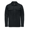 A black plaid shacket featuring two front pockets and a button-up design. It has a logo on the label.
