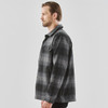 A men's shacket in black and grey plaid, featuring a button-up front and a single chest pocket.