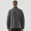 A men's thermal jacket in dark grey, featuring a classic collar and a back view. It includes a logo.