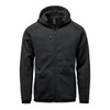 A black full zip fleece hoody featuring a hood and multiple zippered pockets. It has a logo on the front.