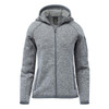 A grey full zip fleece hoody with a hood and a logo, featuring a textured fabric and side pockets.