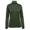 A women's pullover in dark green with a 1/4 zip and long sleeves, featuring a logo on the chest.