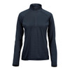 A women's navy 1/4 zip pullover featuring long sleeves and a stand-up collar, with a logo on the chest.