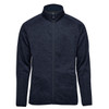 A full zip fleece jacket in navy blue featuring a high collar and a visible zipper. The jacket has a logo.