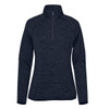 A dark navy half-zip fleece jacket for women with long sleeves and a collar. Features a logo on the garment.