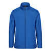 A blue full zip jacket with a stand-up collar and raglan sleeves. Features a logo on the chest.