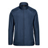 A navy blue men's full zip jacket with a stand-up collar and a logo on the chest.