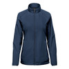 A navy full zip jacket for women featuring a stand-up collar and a logo on the front.