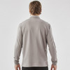 A long-sleeve grey polo shirt with a simple design and a logo on the back.