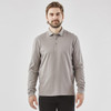 A long-sleeved grey polo shirt for men with a collar and a branding logo.