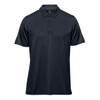 A navy blue men's polo shirt with a collar, short sleeves, and three buttons, featuring a logo.