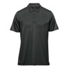 A dark grey short-sleeved polo shirt with a collar and three buttons, featuring a logo.