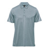 A men's polo in a light blue colour, featuring a collar and three-button placket, with branding on the chest.