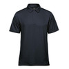 A navy blue men's polo shirt featuring a collar, short sleeves, and a logo on the chest.