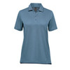 A women's polo shirt in a soft blue hue, featuring a collar and two-button placket, with a logo.