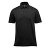 A black polo shirt featuring a collar, short sleeves, and a logo. Suitable for casual or smart casual wear.