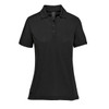 A black women's polo shirt featuring a collar and buttons, with a logo on the side.