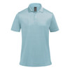 A light blue men's polo shirt with a collar and three-button placket, featuring a logo on the chest.