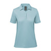 A light blue women's polo shirt with a collar and short sleeves. Features a logo on the design.
