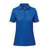 A blue women's polo shirt with a collared neckline and short sleeves, featuring a logo.