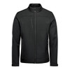 A black men's softshell jacket featuring a full front zipper and multiple pockets, including a chest pocket.