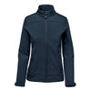 A women's softshell jacket in navy blue with a high collar and zippered pockets. Features a discreet logo.