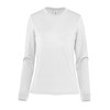 A long-sleeve white women's tee featuring a round neck and fitted sleeves. The shirt includes a brand logo.