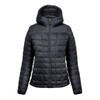 A women's puffer jacket in black, featuring a quilted design and a hood, with a front zipper and long sleeves.