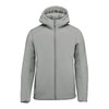 A men's puffer jacket in light grey with a hood and zip front, featuring a logo on the chest.