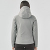 A women's grey puffer jacket with a hood, featuring a fitted design and visible stitching details on the back.