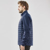 A navy blue softshell jacket with quilted design and zip pockets, featuring a logo on the chest.