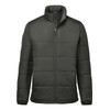 A dark grey puffer jacket with a high collar and zip front, featuring a logo on the side.