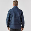 A thermal puffer jacket in navy, featuring a quilted design and a high collar. It has a logo on the exterior.