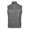 A grey thermal softshell vest featuring a quilted design and a zippered front. It has pockets and a branding logo.