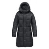A women's black puffer jacket with a hood, featuring a quilted design and a mid-length cut.