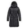 A black women's puffer parka jacket with a hood and a quilted design. It features a logo on the sleeve.