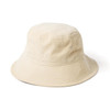 A beige corduroy bucket hat with a round crown and wide brim, featuring a logo.