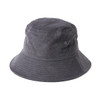 A grey cord bucket hat with a wide brim and a logo tag. Suitable for casual wear.