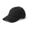 A black linen cap with a curved brim and a back adjustment feature, featuring a branding logo.