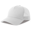 A white trucker cap featuring a solid front panel and mesh sides, with a slight curve in the brim.