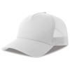 A white trucker cap featuring a solid front panel and mesh sides, equipped with a logo.