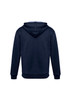 A navy blue hoodie with a hood and long sleeves, featuring a logo on the back.