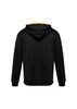 A black hoodie with a yellow inner lining and a hood, featuring a logo on the back.