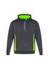 A grey unisex hoodie featuring bright lime green accents and a front zipper. It has a logo on the chest.