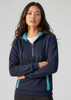 A navy unisex hoodie featuring a half-zip design and turquoise accents, with a hood and front pockets.